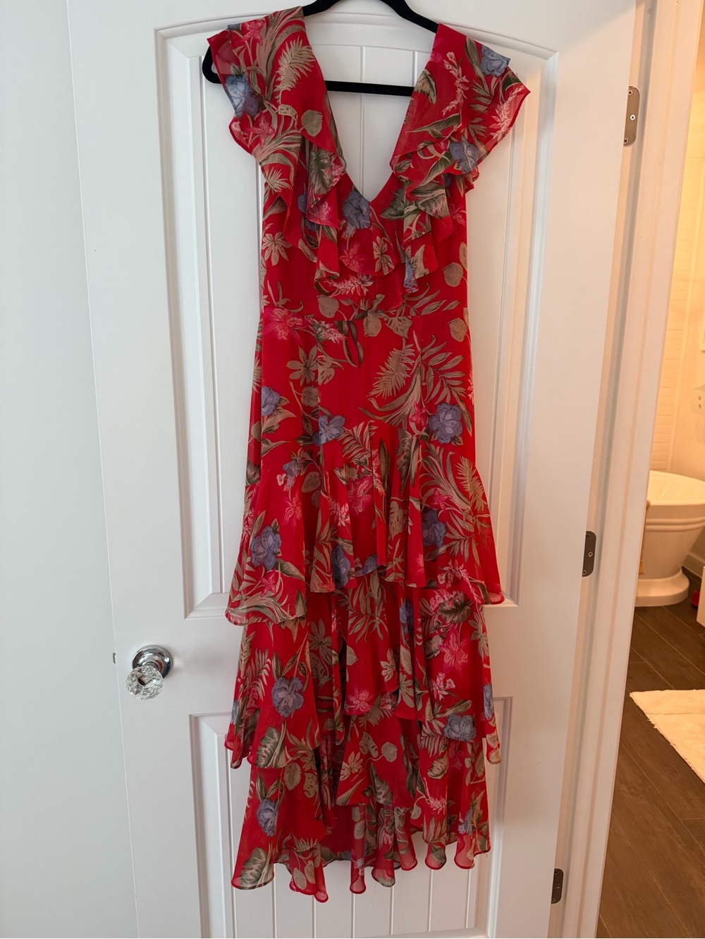 Wayf Red Floral Ruffle Dress